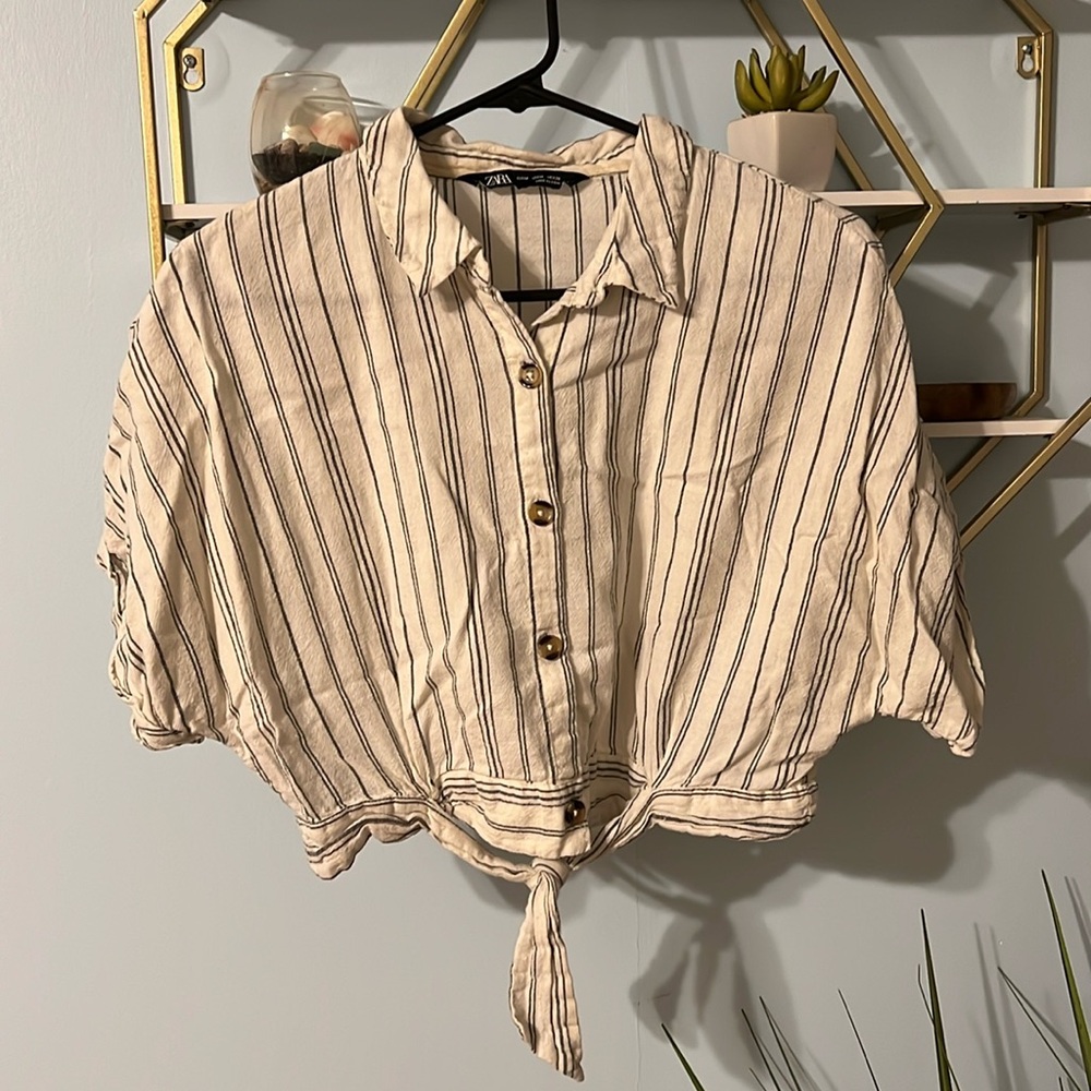 Zara Striped Button Up Crop Shirt with Tie Waist